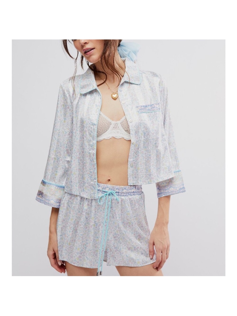 Women's Pastel Floral Satin Pajama Set - Light Blue